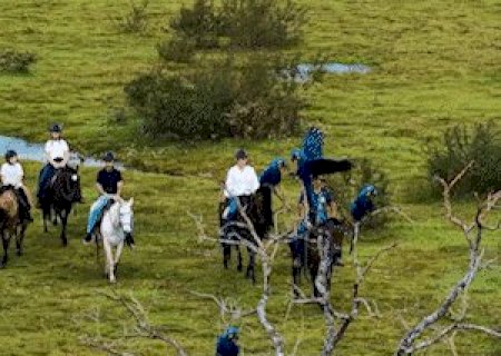 Araras-azuis e cavaleiros dividem cena em registro a&eacute;reo no Pantanal