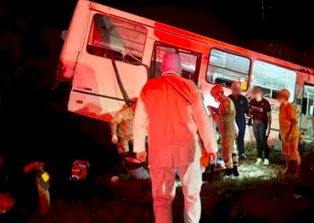 &Ocirc;nibus &eacute; lan&ccedil;ado para fora da BR-163 ao bater com carreta-cegonha